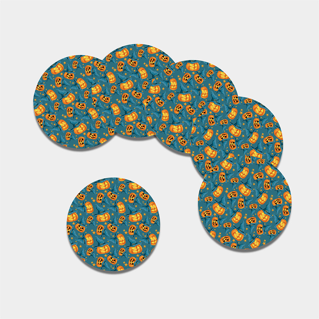 Pumpkin With Witch Hat Pattern Print Leather Coaster Set