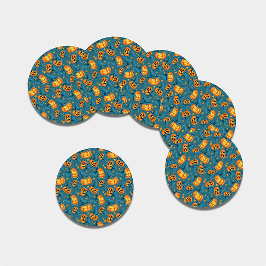 Pumpkin With Witch Hat Pattern Print Leather Coaster Set