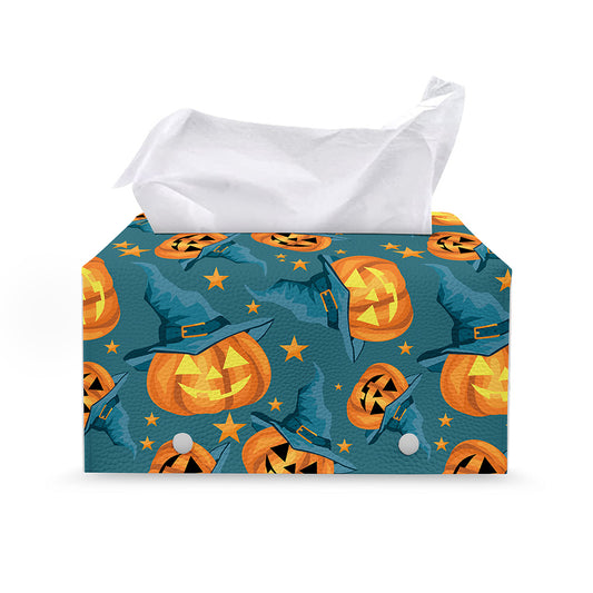 Pumpkin With Witch Hat Pattern Print Leather Tissue Box Cover
