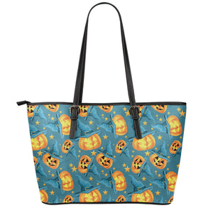 Pumpkin With Witch Hat Pattern Print Leather Tote Bag