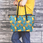 Pumpkin With Witch Hat Pattern Print Leather Tote Bag