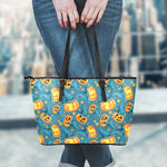 Pumpkin With Witch Hat Pattern Print Leather Tote Bag