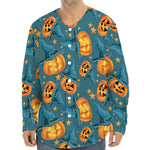 Pumpkin With Witch Hat Pattern Print Long Sleeve Baseball Jersey