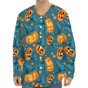 Pumpkin With Witch Hat Pattern Print Long Sleeve Baseball Jersey