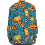 Pumpkin With Witch Hat Pattern Print Long Sleeve Baseball Jersey