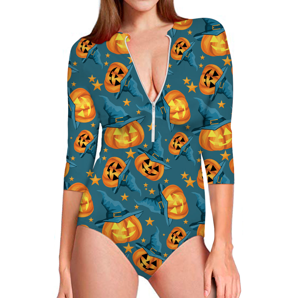 Pumpkin With Witch Hat Pattern Print Long Sleeve Swimsuit