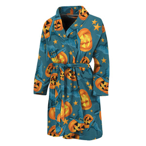 Pumpkin With Witch Hat Pattern Print Men's Bathrobe