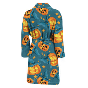 Pumpkin With Witch Hat Pattern Print Men's Bathrobe