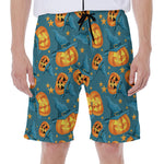 Pumpkin With Witch Hat Pattern Print Men's Beach Shorts