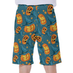 Pumpkin With Witch Hat Pattern Print Men's Beach Shorts