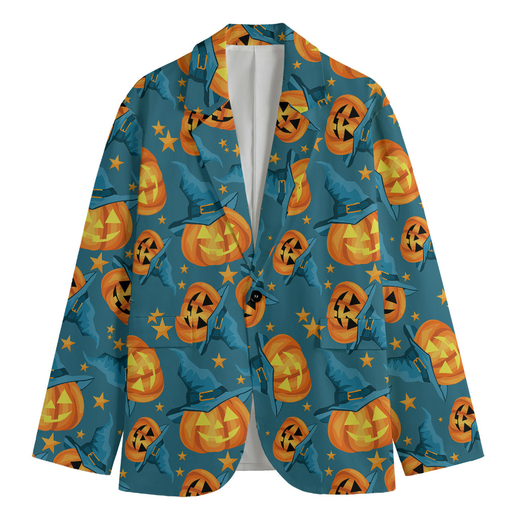 Pumpkin With Witch Hat Pattern Print Men's Blazer