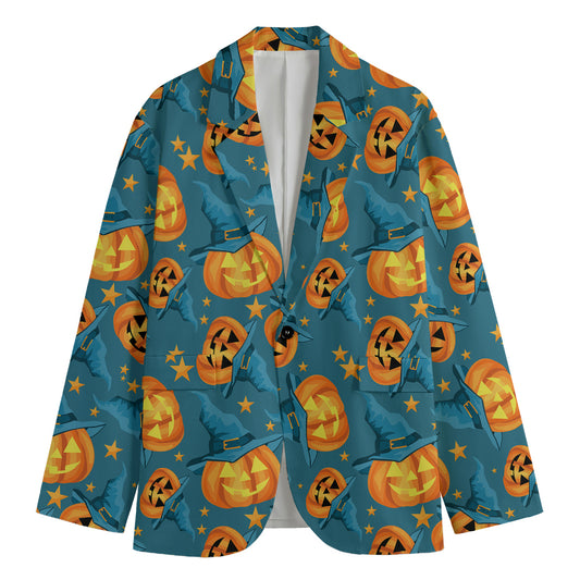 Pumpkin With Witch Hat Pattern Print Men's Blazer