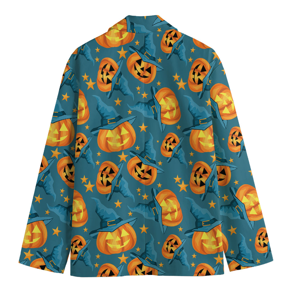 Pumpkin With Witch Hat Pattern Print Men's Blazer