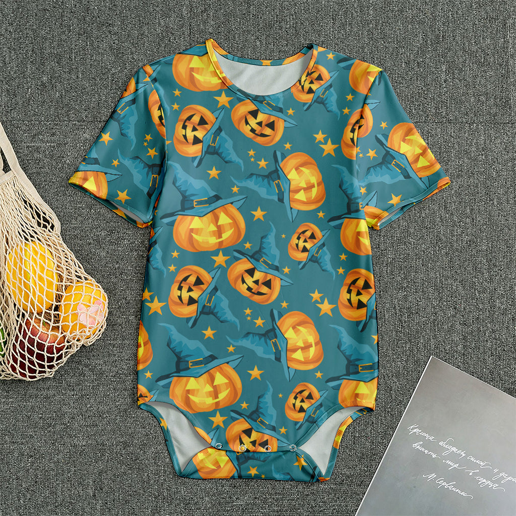 Pumpkin With Witch Hat Pattern Print Men's Bodysuit