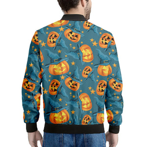 Pumpkin With Witch Hat Pattern Print Men's Bomber Jacket