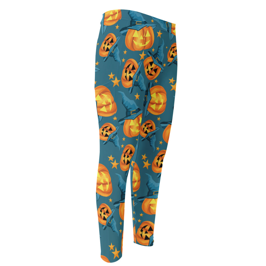 Pumpkin With Witch Hat Pattern Print Men's Compression Pants