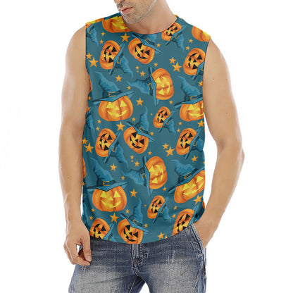 Pumpkin With Witch Hat Pattern Print Men's Fitness Tank Top
