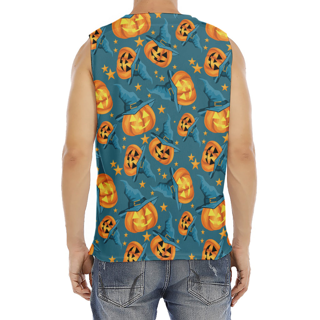 Pumpkin With Witch Hat Pattern Print Men's Fitness Tank Top