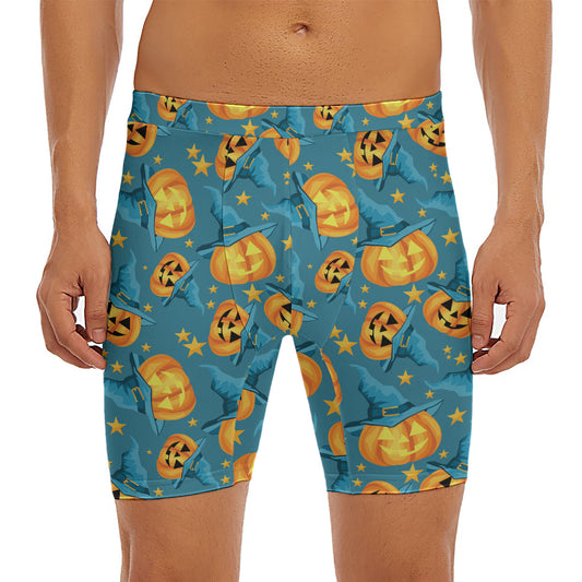 Pumpkin With Witch Hat Pattern Print Men's Long Boxer Briefs