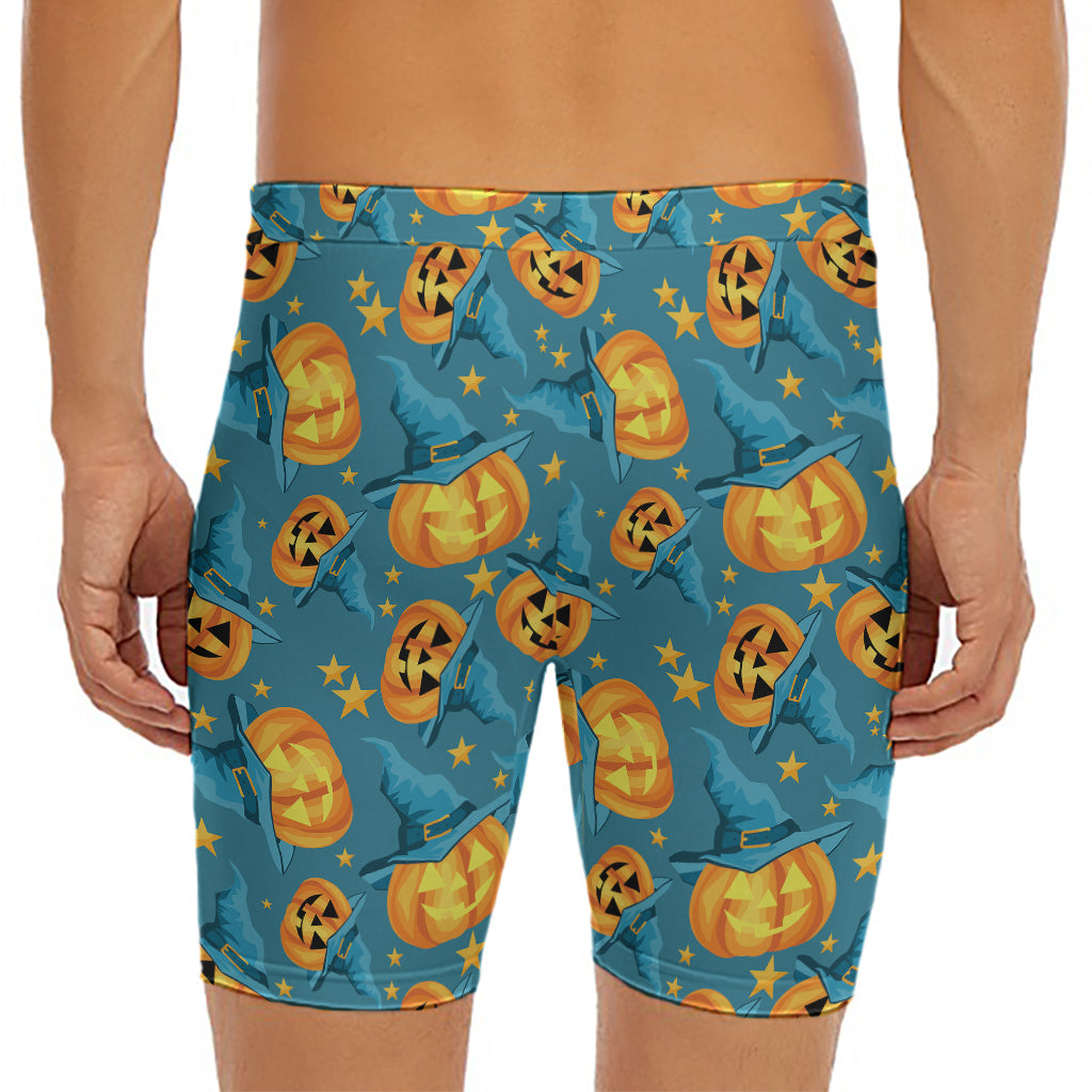 Pumpkin With Witch Hat Pattern Print Men's Long Boxer Briefs