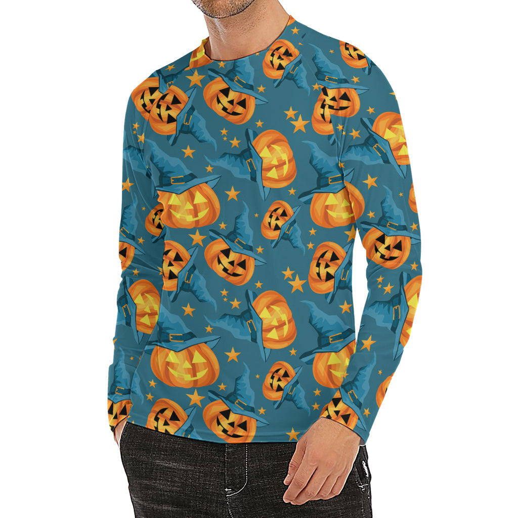 Pumpkin With Witch Hat Pattern Print Men's Long Sleeve Rash Guard