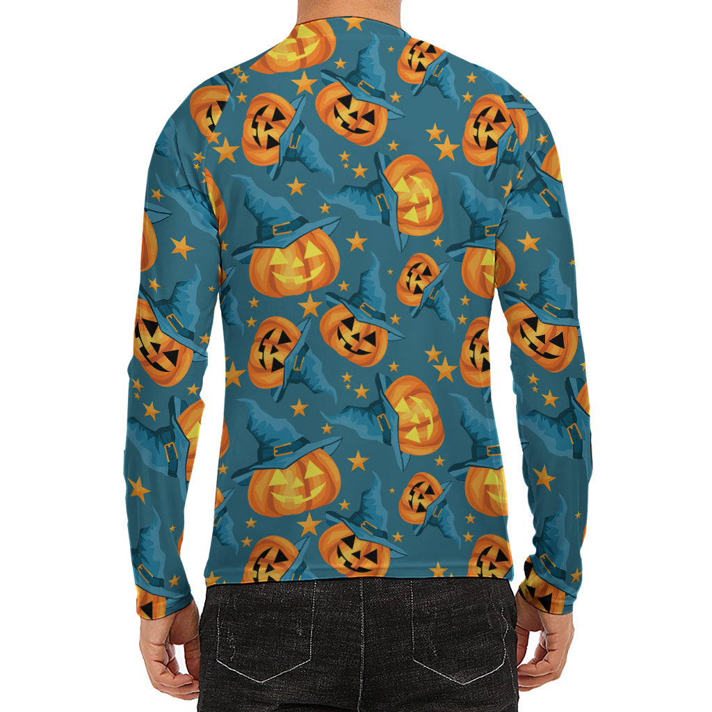 Pumpkin With Witch Hat Pattern Print Men's Long Sleeve Rash Guard
