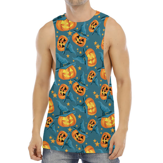 Pumpkin With Witch Hat Pattern Print Men's Muscle Tank Top