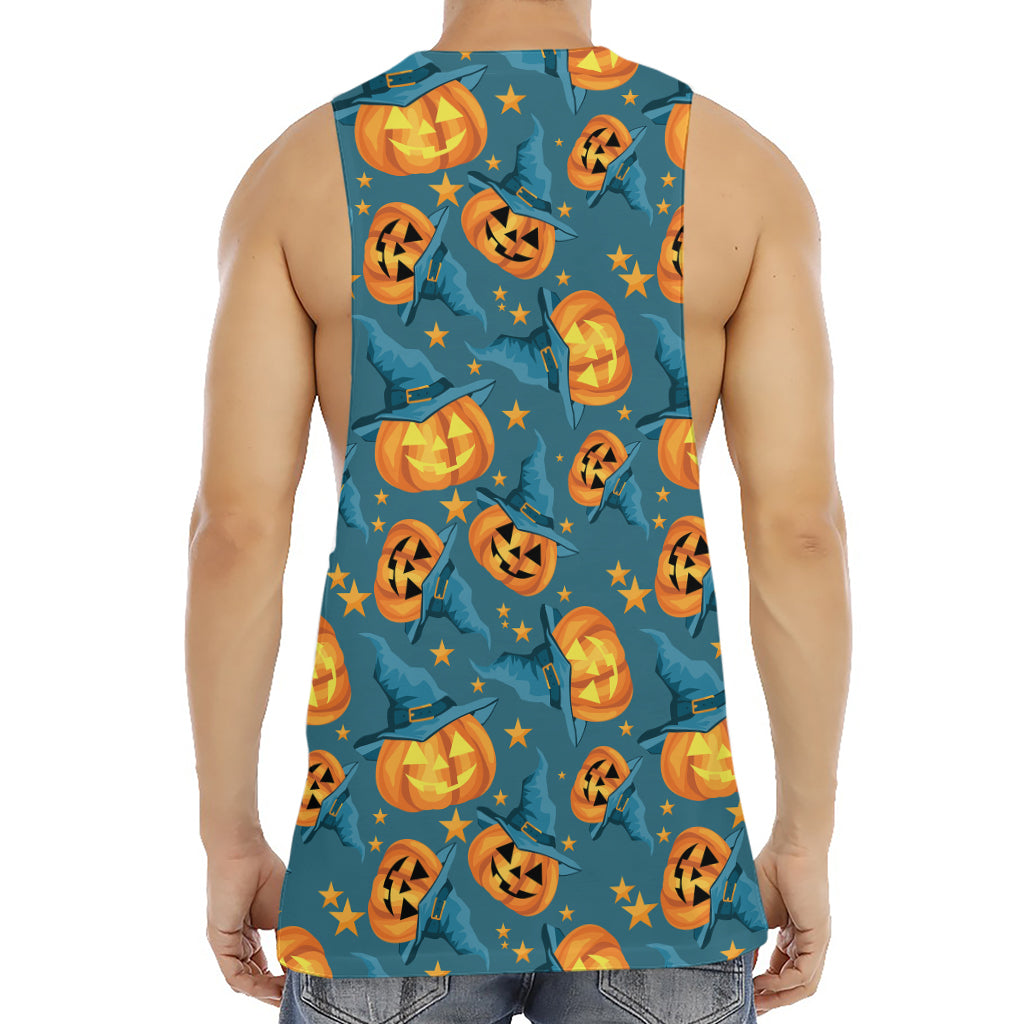 Pumpkin With Witch Hat Pattern Print Men's Muscle Tank Top