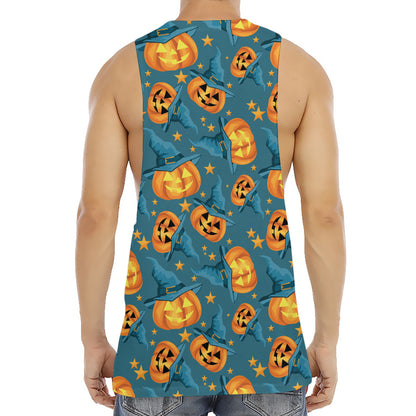 Pumpkin With Witch Hat Pattern Print Men's Muscle Tank Top
