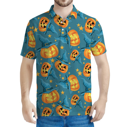 Pumpkin With Witch Hat Pattern Print Men's Polo Shirt
