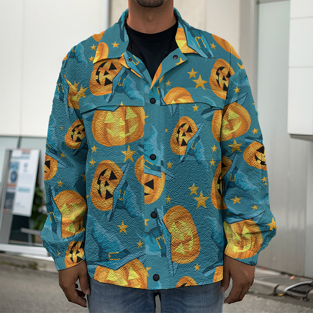 Pumpkin With Witch Hat Pattern Print Men's Shirt Jacket