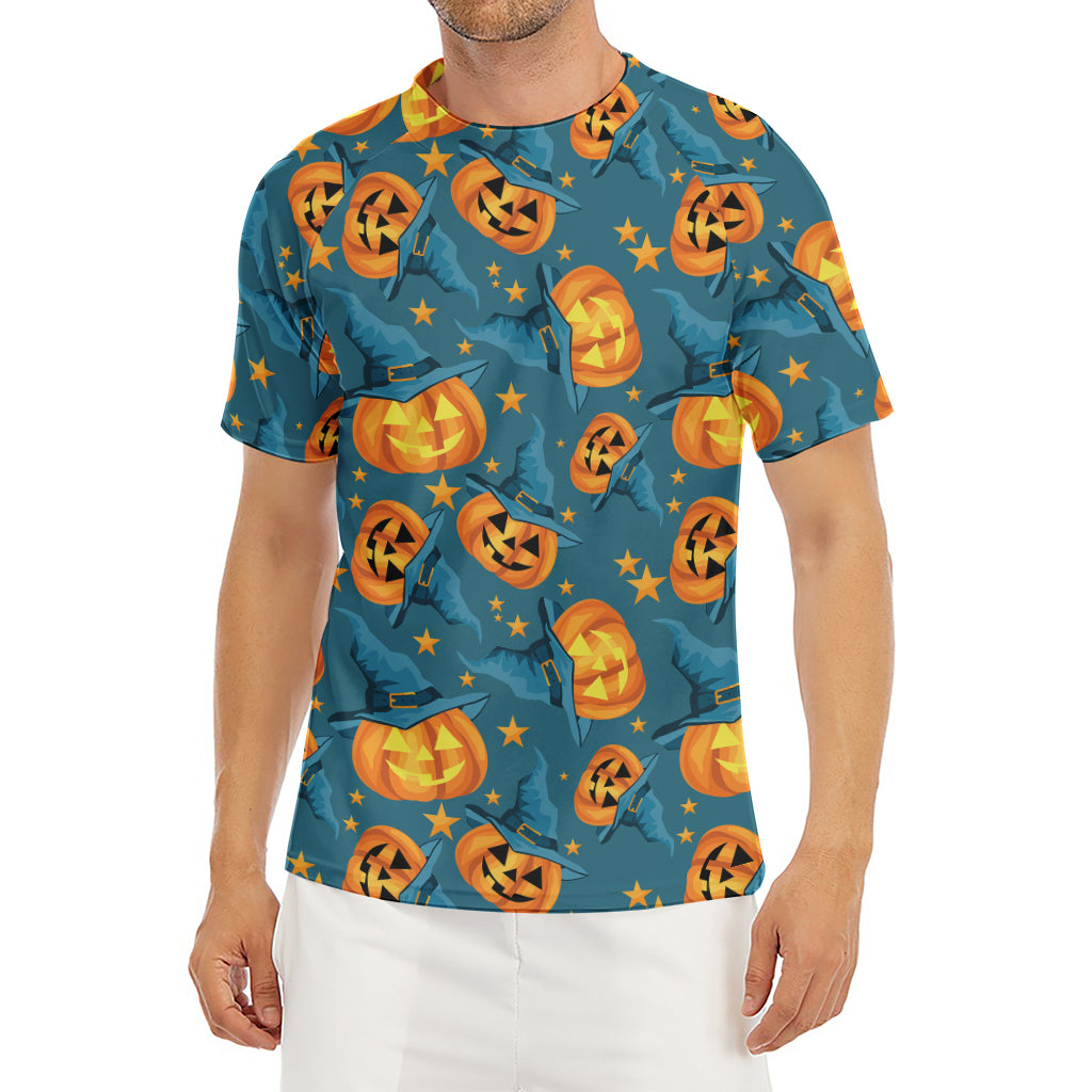 Pumpkin With Witch Hat Pattern Print Men's Short Sleeve Rash Guard