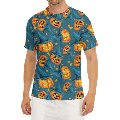 Pumpkin With Witch Hat Pattern Print Men's Short Sleeve Rash Guard