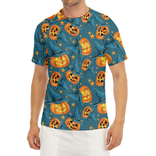 Pumpkin With Witch Hat Pattern Print Men's Short Sleeve Rash Guard