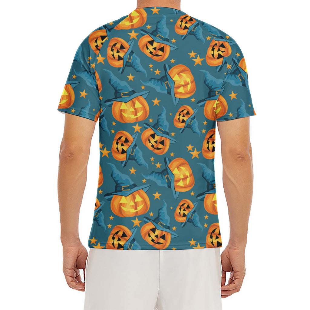 Pumpkin With Witch Hat Pattern Print Men's Short Sleeve Rash Guard