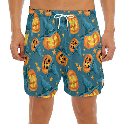 Pumpkin With Witch Hat Pattern Print Men's Split Running Shorts