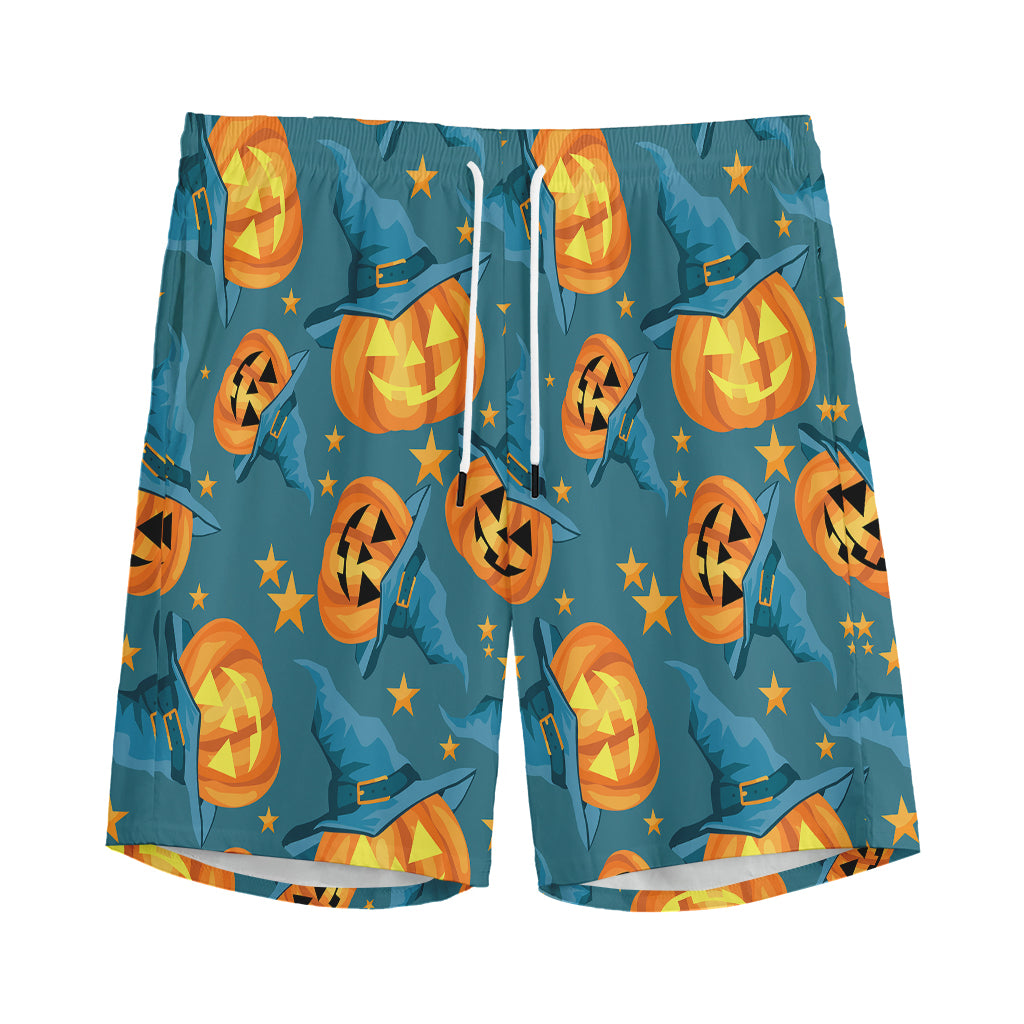 Pumpkin With Witch Hat Pattern Print Men's Sports Shorts