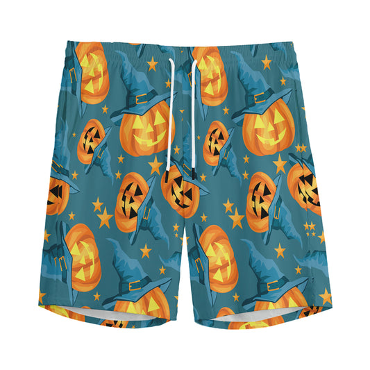 Pumpkin With Witch Hat Pattern Print Men's Sports Shorts