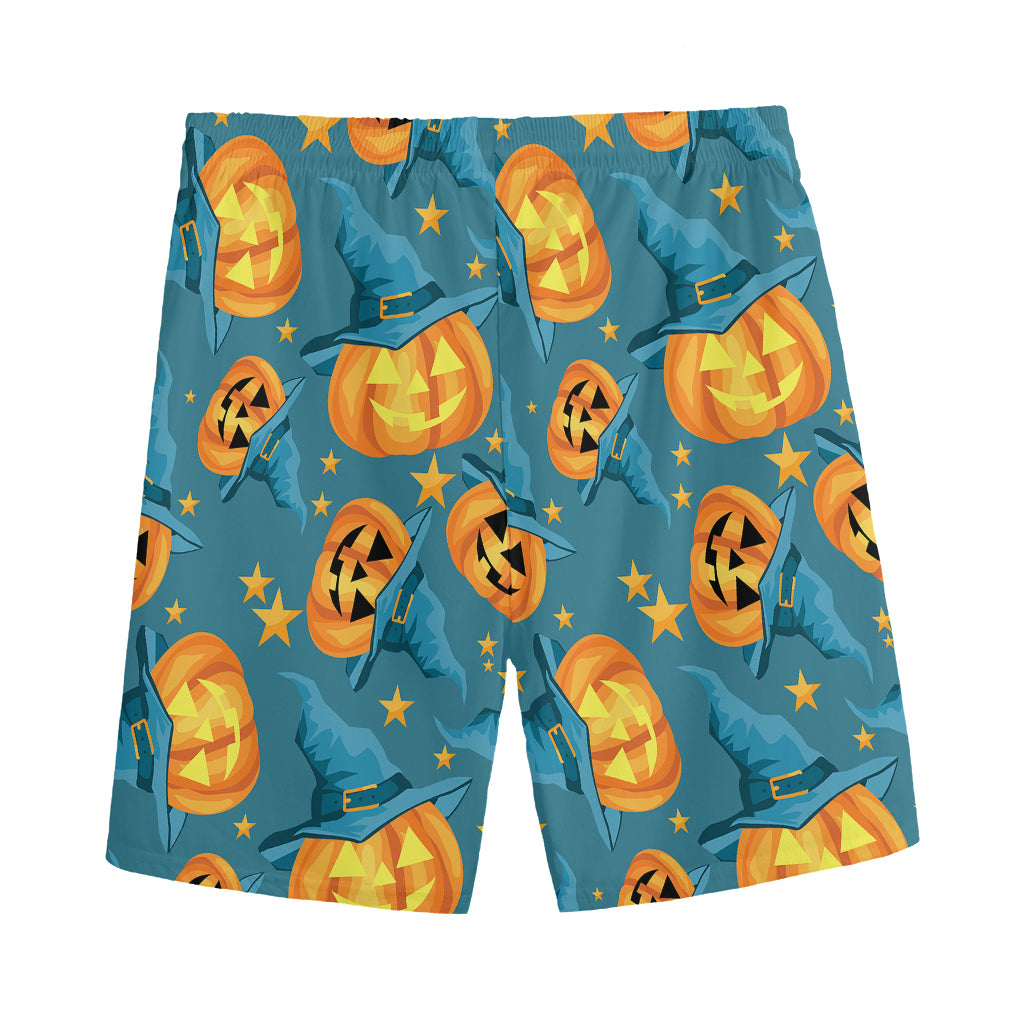 Pumpkin With Witch Hat Pattern Print Men's Sports Shorts