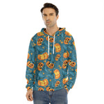 Pumpkin With Witch Hat Pattern Print Men's Velvet Pullover Hoodie