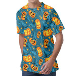 Pumpkin With Witch Hat Pattern Print Men's Velvet T-Shirt
