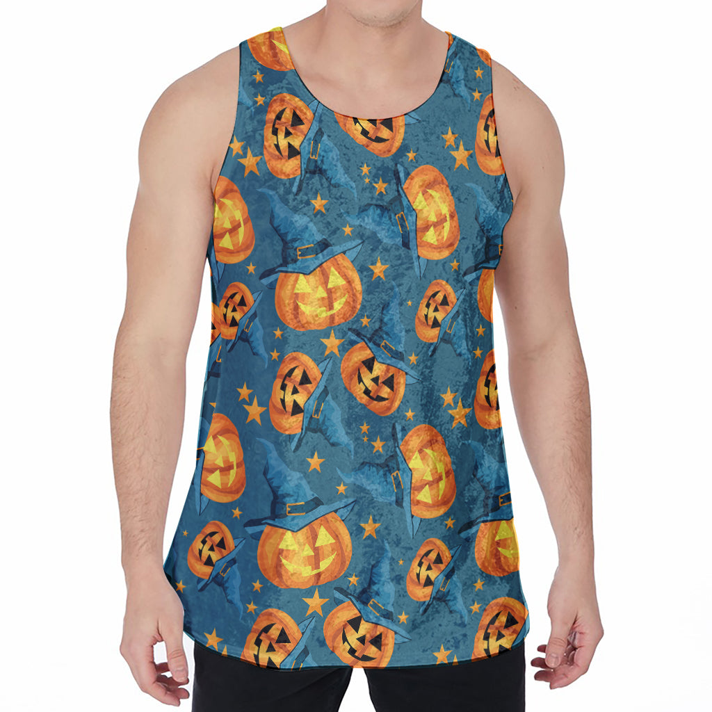 Pumpkin With Witch Hat Pattern Print Men's Velvet Tank Top