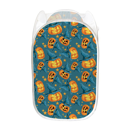 Pumpkin With Witch Hat Pattern Print Mesh Laundry Hamper