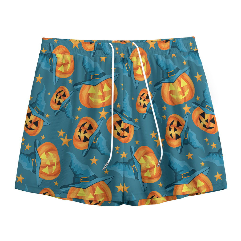 Pumpkin With Witch Hat Pattern Print Mesh Shorts