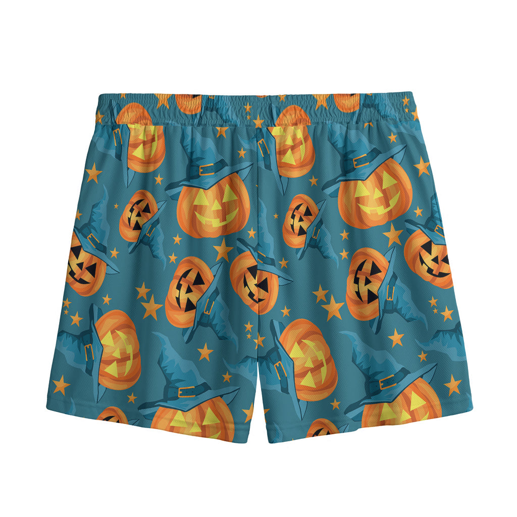 Pumpkin With Witch Hat Pattern Print Mesh Shorts