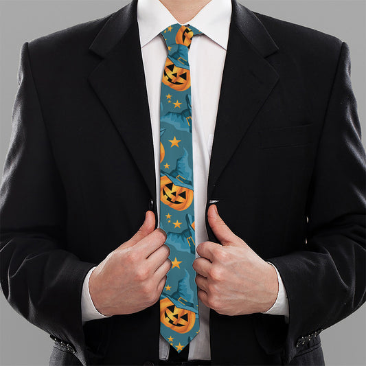 Pumpkin With Witch Hat Pattern Print Necktie