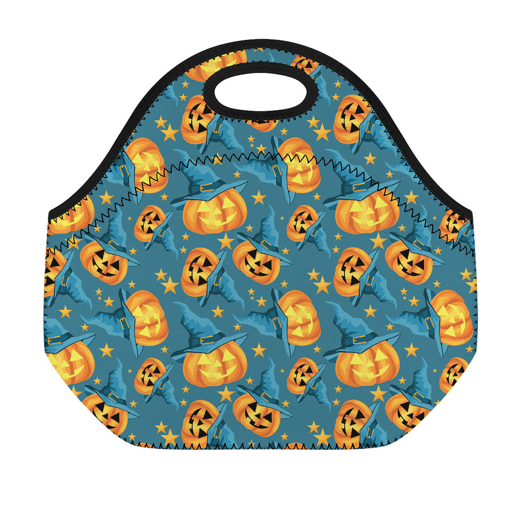 Pumpkin With Witch Hat Pattern Print Neoprene Lunch Bag