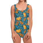 Pumpkin With Witch Hat Pattern Print One Piece Swimsuit
