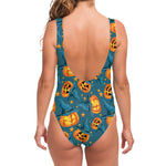 Pumpkin With Witch Hat Pattern Print One Piece Swimsuit