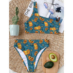 Pumpkin With Witch Hat Pattern Print One Shoulder Bikini Top